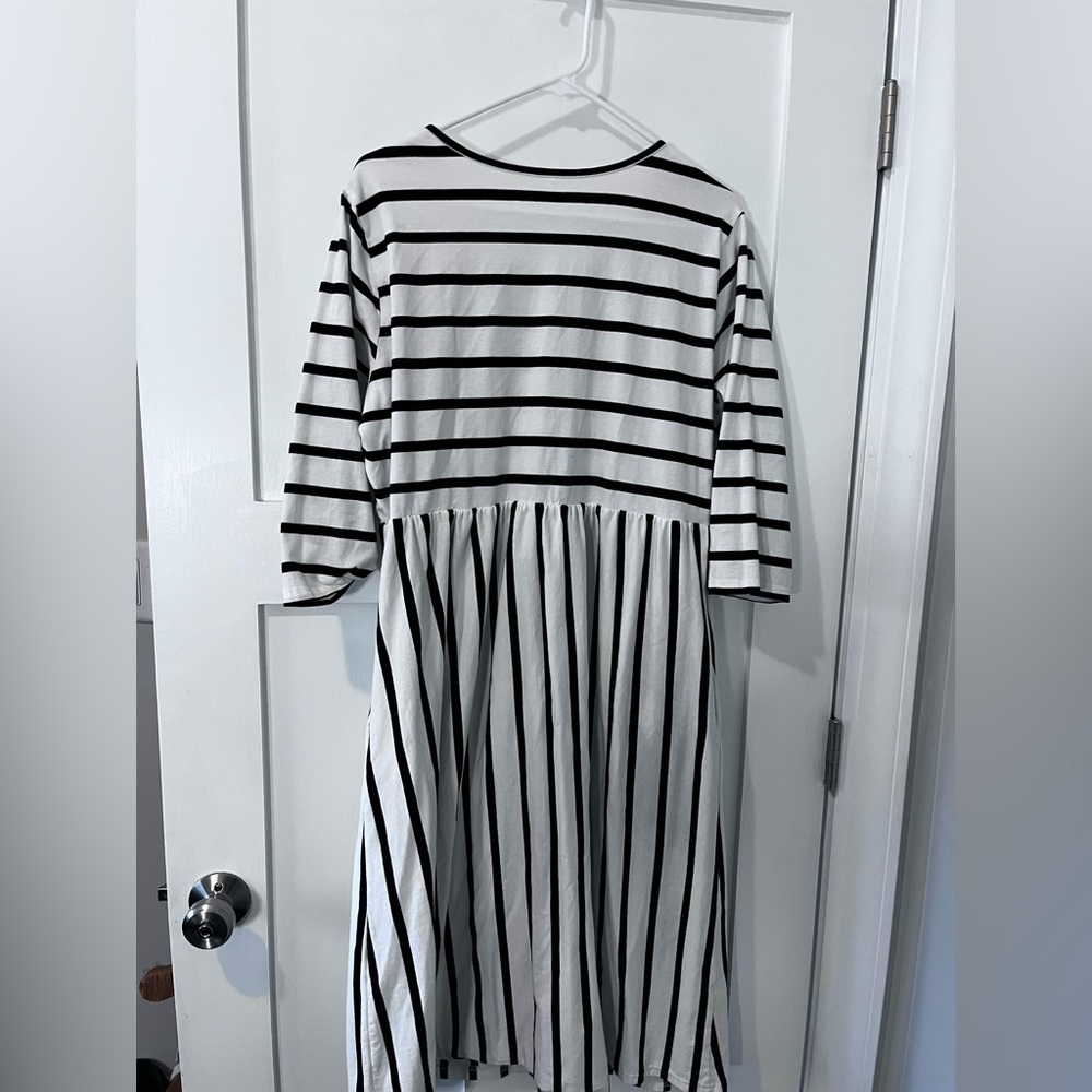 Halife Women's 3 4 Sleeve Stripe Elastic Waist Casual Dress with Pocket